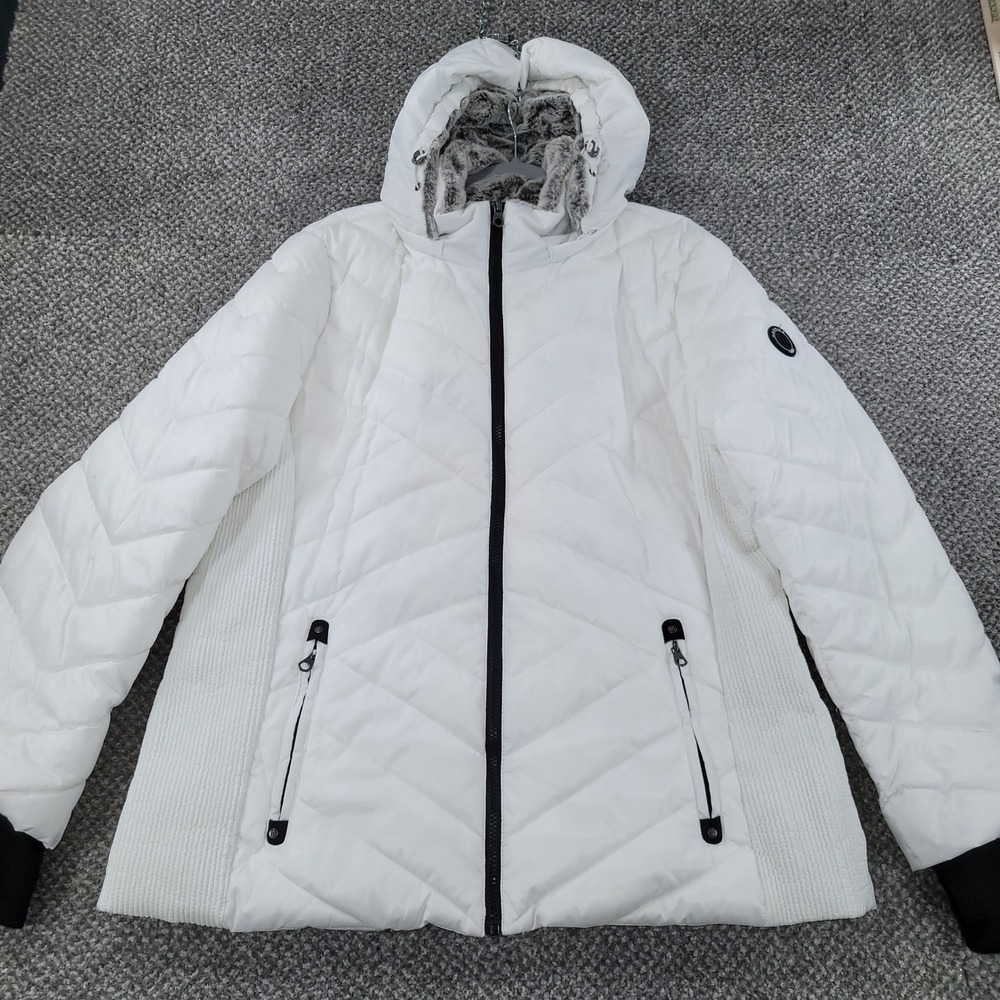Nautica Womens White Quilted Puffer Jacket Water Resistant Detachable Hood XXL